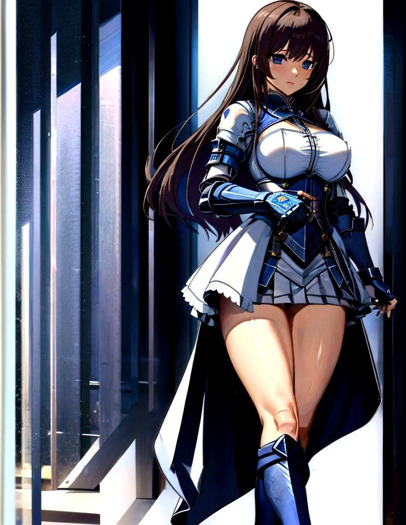 nanoha, 1girl, masterpiece, best quality, solo, gloves, armor, dress, puffy sleeves, long sleeves, blue Hand armor, black gloves, fingerless gloves, weapon, upskirt, absurdly long hair, ankle length hair, brown hair, large breasts, slim waist, wide hips, hourglass figure, (perfect body proportions), slim legs, micro skirt, blue eyes, thigh high socks, (garters), sitting, library, high heels, stiletto heels, knee high boots, armored boots, armored gloves, claws, long gloves