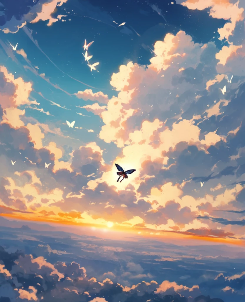 Masterpiece, best quality, high quality, ultra quality, wallpaper, cinematic, 1girl, white dress, flying, white hair, red eyes, butterfly wings, above sky, floating, looking up, wide shot, clouds, lens flare, 8k, ultra hd quality
