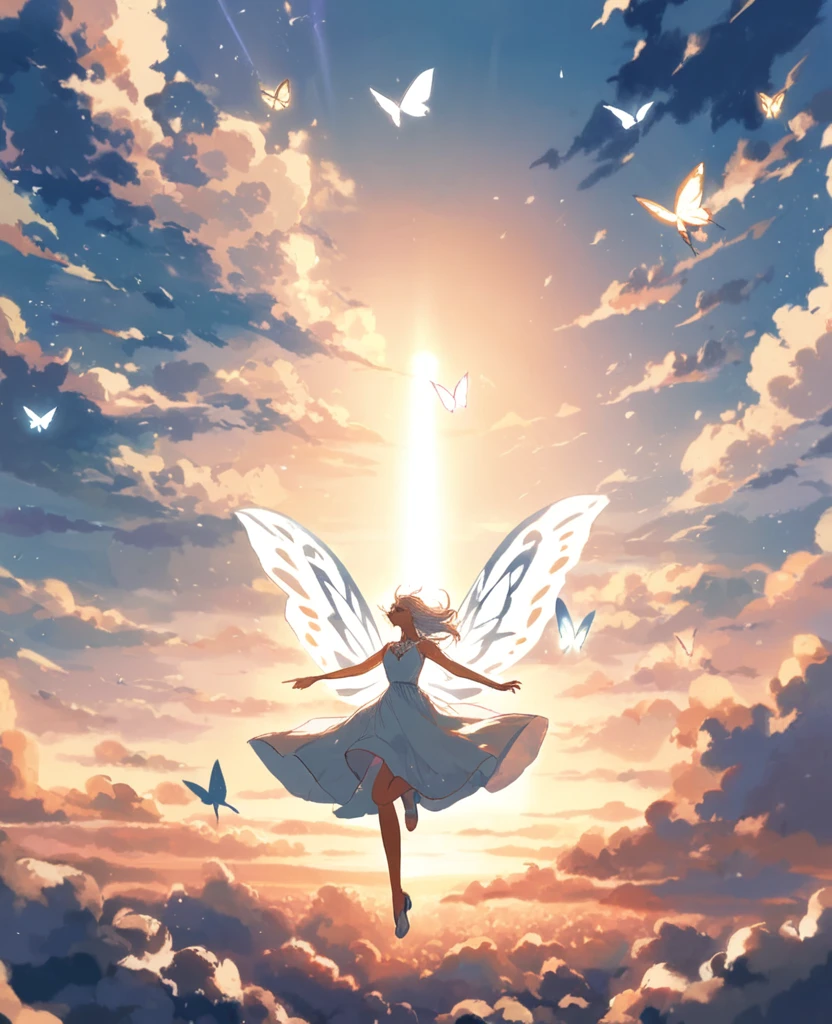Masterpiece, best quality, high quality, ultra quality, wallpaper, cinematic, 1girl, white dress, flying, white hair, red eyes, butterfly wings, above sky, floating, looking up, wide shot, clouds, lens flare, 8k, ultra hd quality