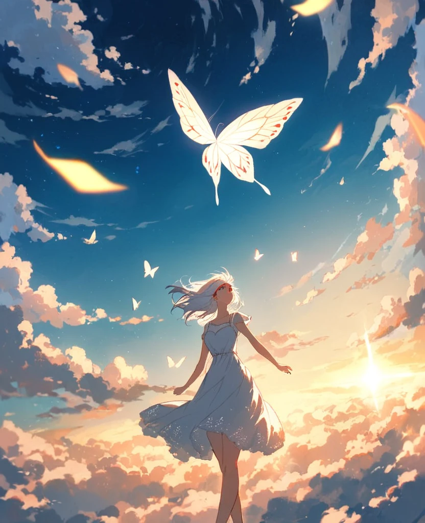 Masterpiece, best quality, high quality, ultra quality, wallpaper, cinematic, 1girl, white dress, flying, white hair, red eyes, butterfly wings, above sky, floating, looking up, wide shot, clouds, lens flare, 8k, ultra hd quality 