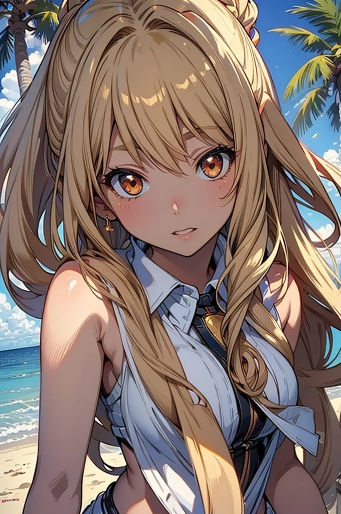 masterpiece, rich colors, Best quality, detailed, high resolution, Hyper quality, high detail, , high quality, detailing, skinny sexy girl on the beach , bright lighting , Brown eyes, Anime, palm trees, bright lighting, blonde,