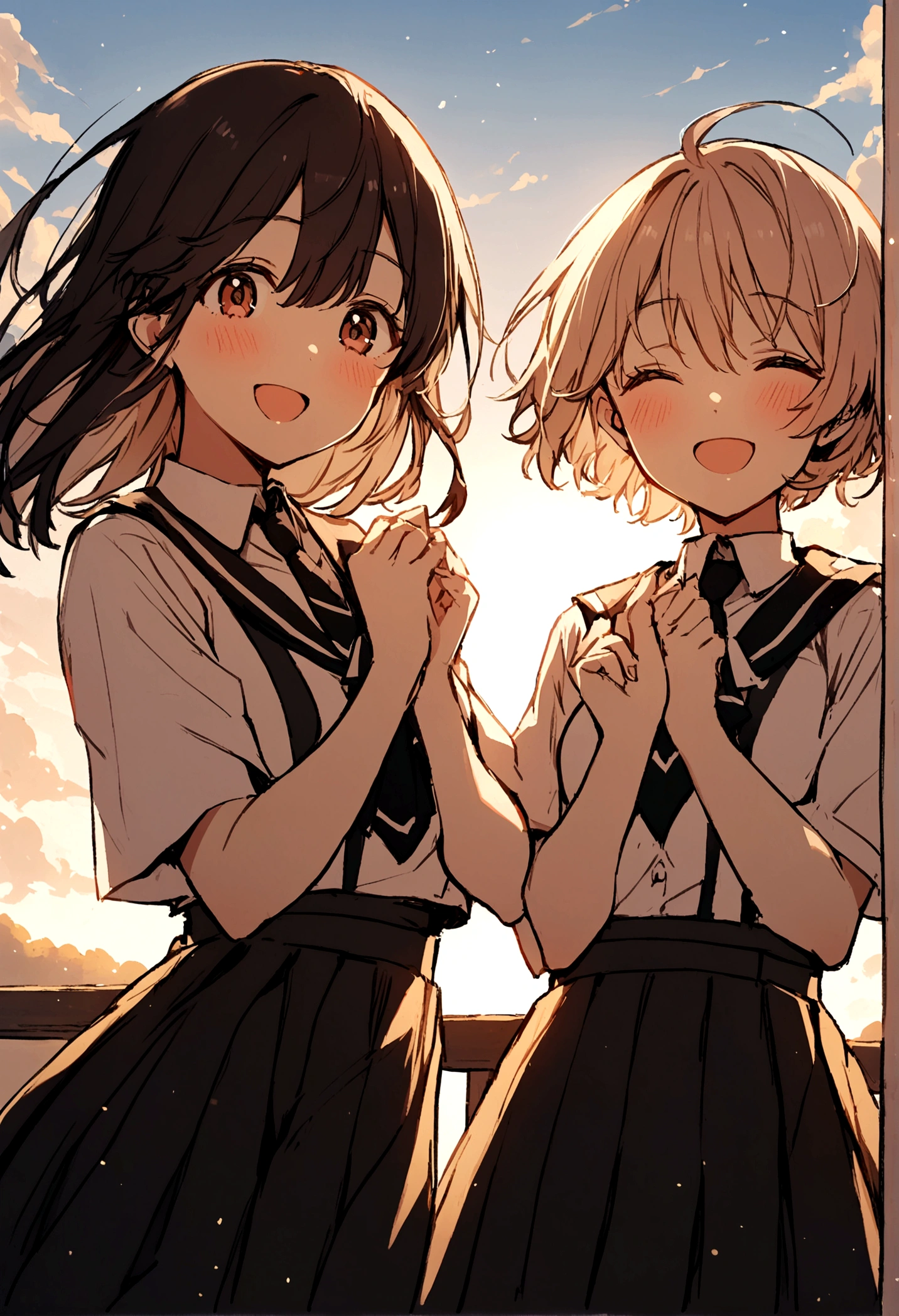 Four girl, stand aside wear high school unniform, happy, look at viewer,