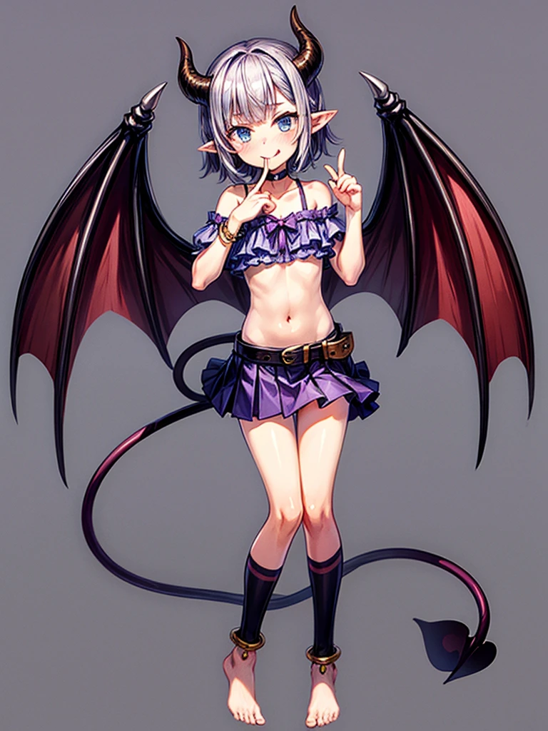 (masterpiece:1.2), (highest quality:1.2), 1girl, solo, horns, tongue, tongue-out, tail, blue-eyes, barefoot, navel, skirt, pointy-ears, purple-hair, demon-girl, blush, short-hair, demon-tai, looking-at-viewer, Gray-background, bare-shoulders, smil, full-body, choker, demon-horns, ribbon, naughty-face, collarbone, jewelry, purple-bow, purple-skirt, midriff, finger-to-mouth, hear, bangs, belt, bow, purple-ribbon, see-through, standin, bat-wings, flat-chest, ((miniskirt)), closed-mouth, leg-up, purple-wings, anklet, tsurim, purple-choker, hand-up