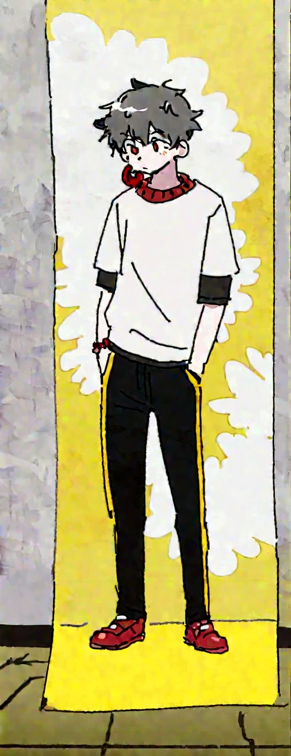 (maximum quality, best qualityer) Drawing of a standing character, with your hands in your pants pocket, anime style, pastel colors scenery, in a half-side position, with a half-scribbled painting