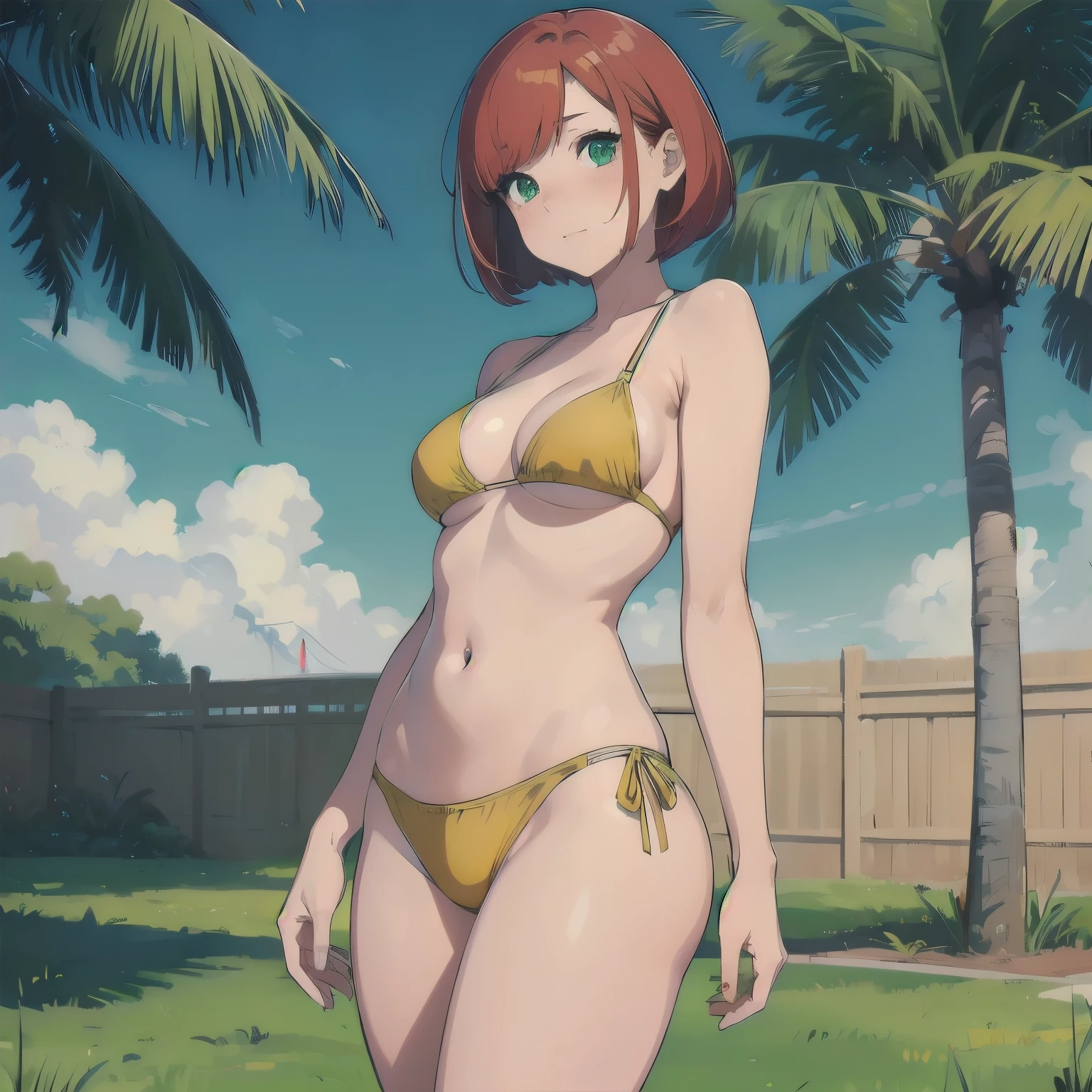 (masterpiece), best quality, expressive eyes, perfect face, 1girl, solo, bob cut, redhead, red hair BREAK short hair, green eyes BREAK blush, looking at viewer, freckles, breasts, cleavage, standing, yellow bikini, navel, grass, palmtree, fence, sexy pose, :/, embarrased face