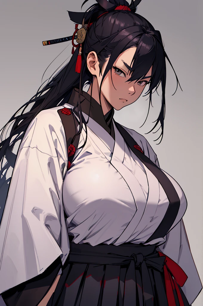 Samurai woman with gigantic the size of her head, extremely wide hips, long dark hakama that covers her bust, holding katana, she has a serious look on her face, ready for battle
