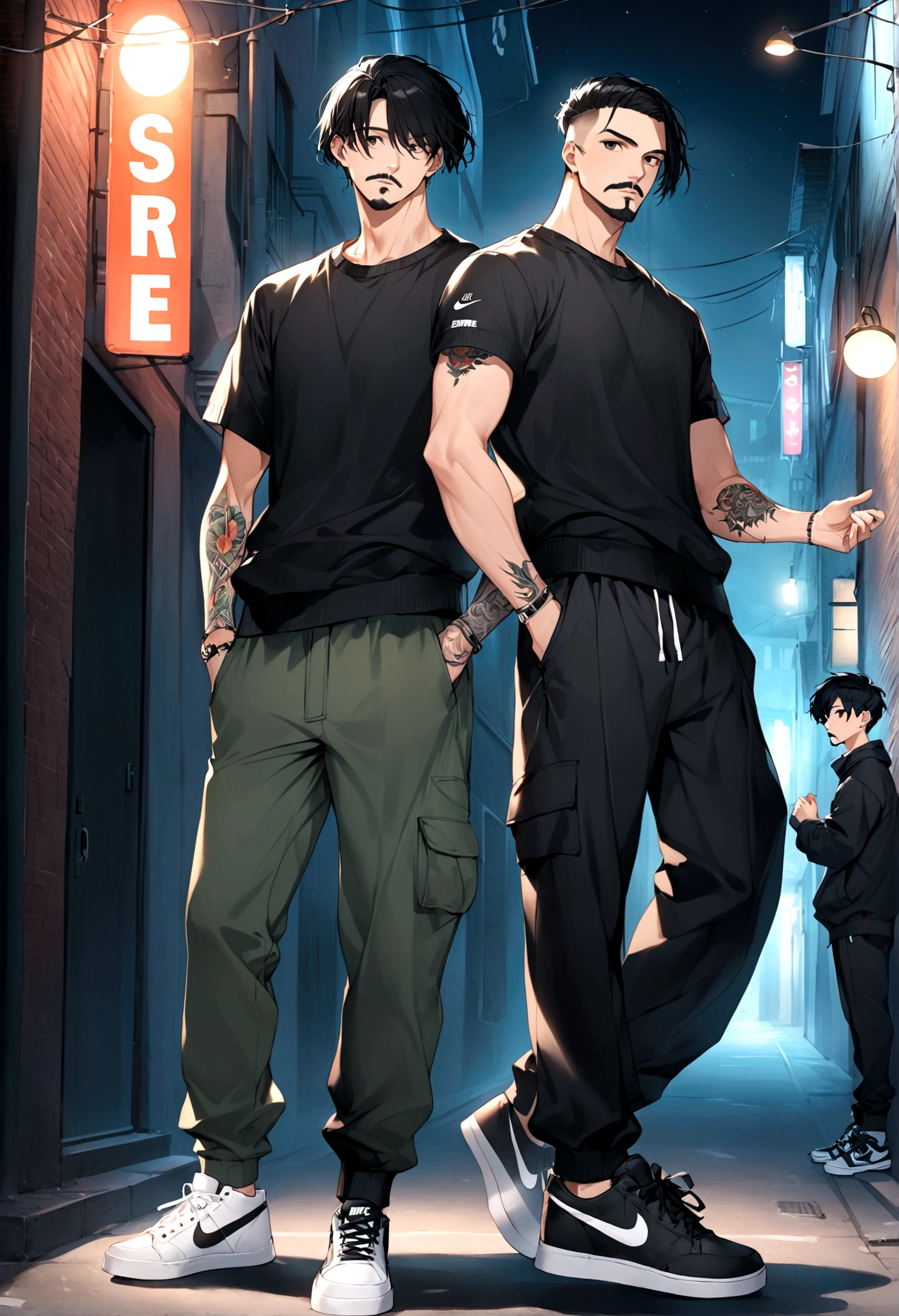2 young men . The first man is short, spanic, has only the right arm full of tattoos, has a bowl hair cut, flat black hair, and a short beard. The second is taller, is caucasian, has a military hair cut, and a thin mustache, has no tattos. Both of them are wearing nike sneakers, and street wear clothing. urban night life. Dynamic poses