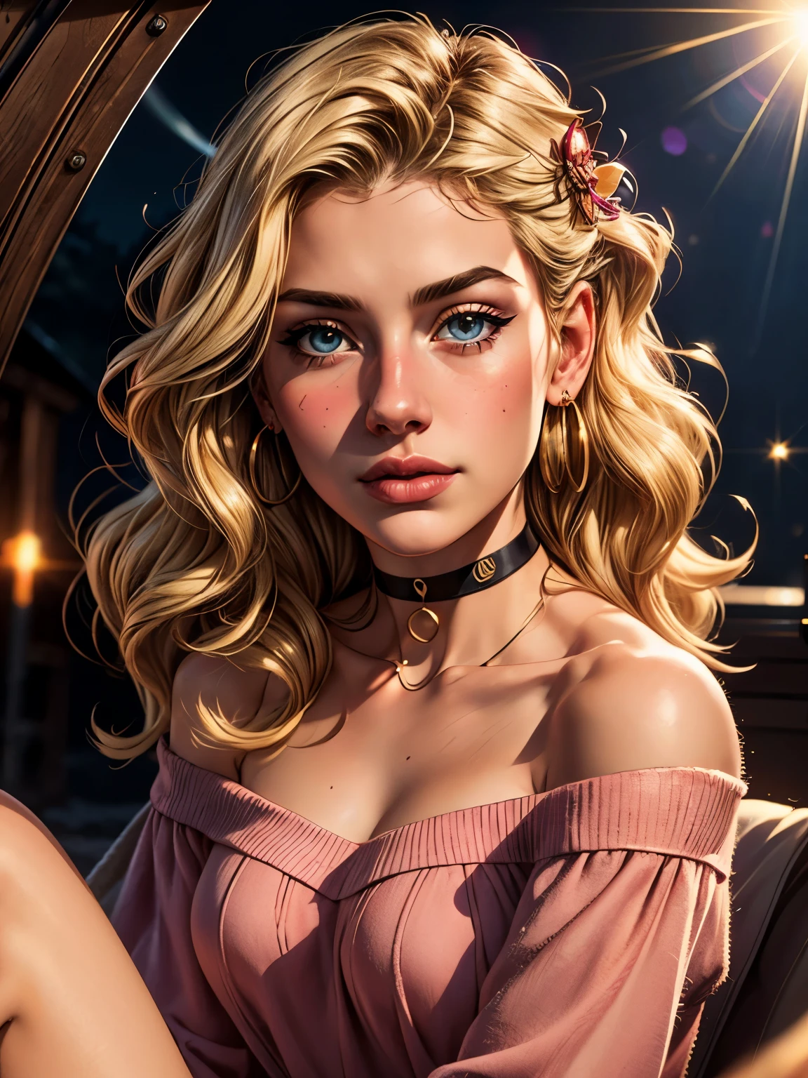 realistic, best quality, 8k uhd, dslr, soft lighting, high quality, film grain, Fujifilm XT3, intricate detail, depth of field, 20 years old girl, sitting, (lens flare, backlight:1.2), (blonde, long wavy hair), earrings, hair ornament, off shoulder,  blush, choker, looking at viewer, flash,