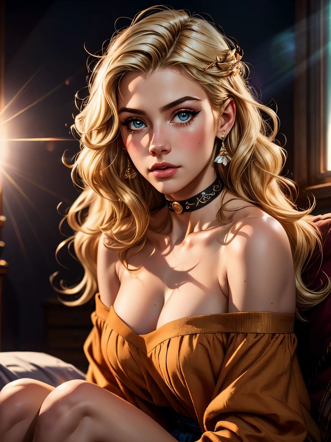 realistic, best quality, 8k uhd, dslr, soft lighting, high quality, film grain, Fujifilm XT3, intricate detail, depth of field, 20 years old girl, sitting, (lens flare, backlight:1.2), (blonde, long wavy hair), earrings, hair ornament, off shoulder,  blush, choker, looking at viewer, flash,