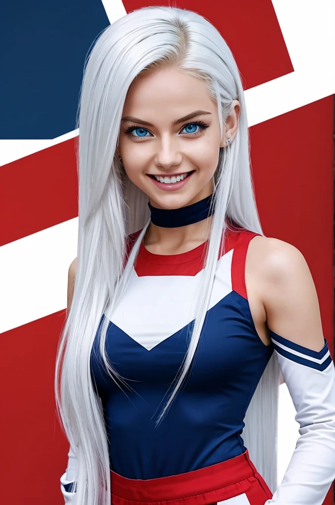 Screenshot of my hero academia, an attractive girl with white skin, long white hair, blue eyes, neck tattoos, smiling, with one hand he is holding a red pants with black squares, wear a white dress, background of a clothing store