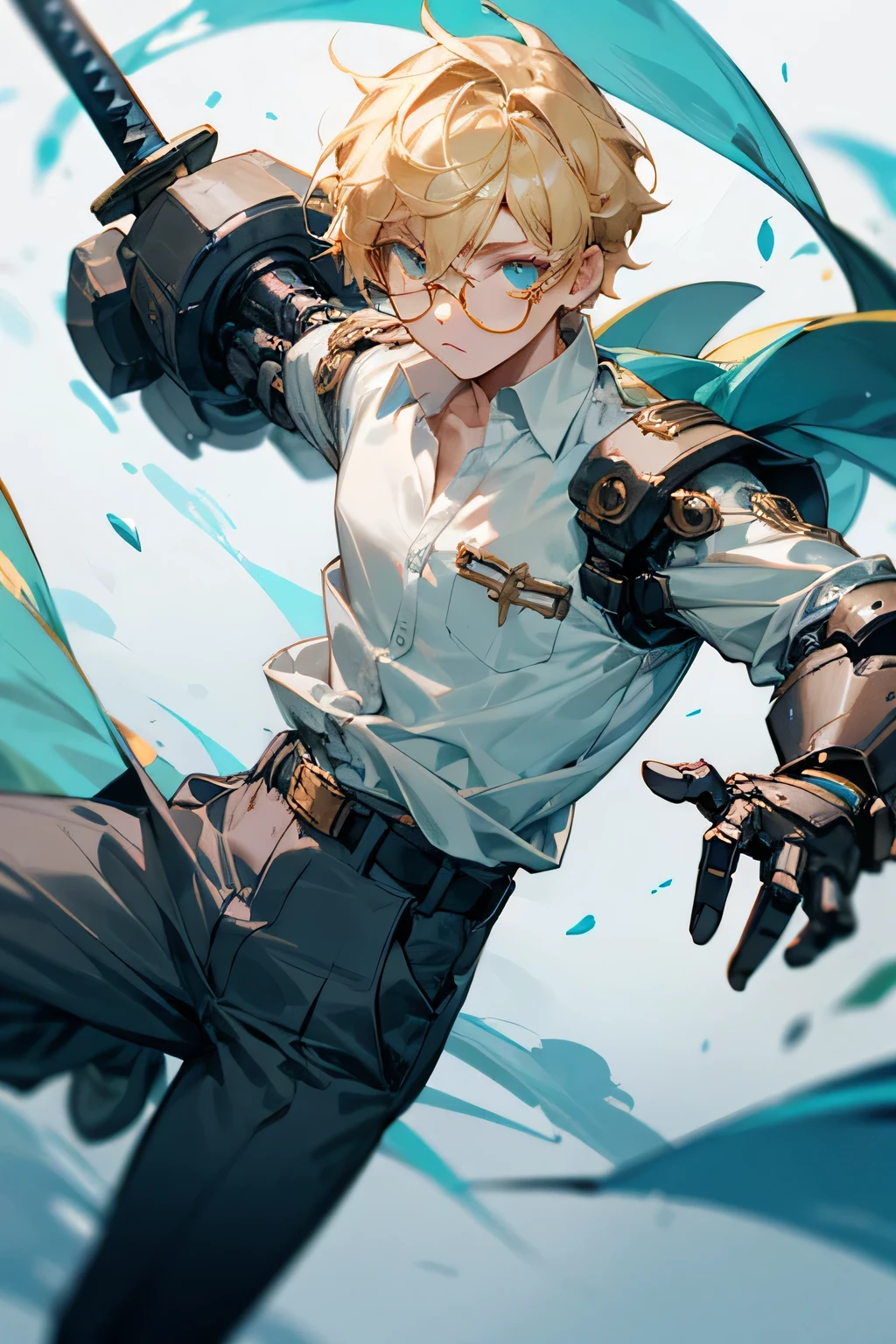 boy, blond, thin, turquoise eyes, round glasses with yellow lenses , White shirt, black trousers, sword on belt, mechanical arms