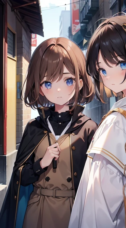 boy boy medium brown hair blue eyes standing between two girls girl first girl with black hair second boy brown hair in the background blond hair high visibility school clothes cape with sleeves