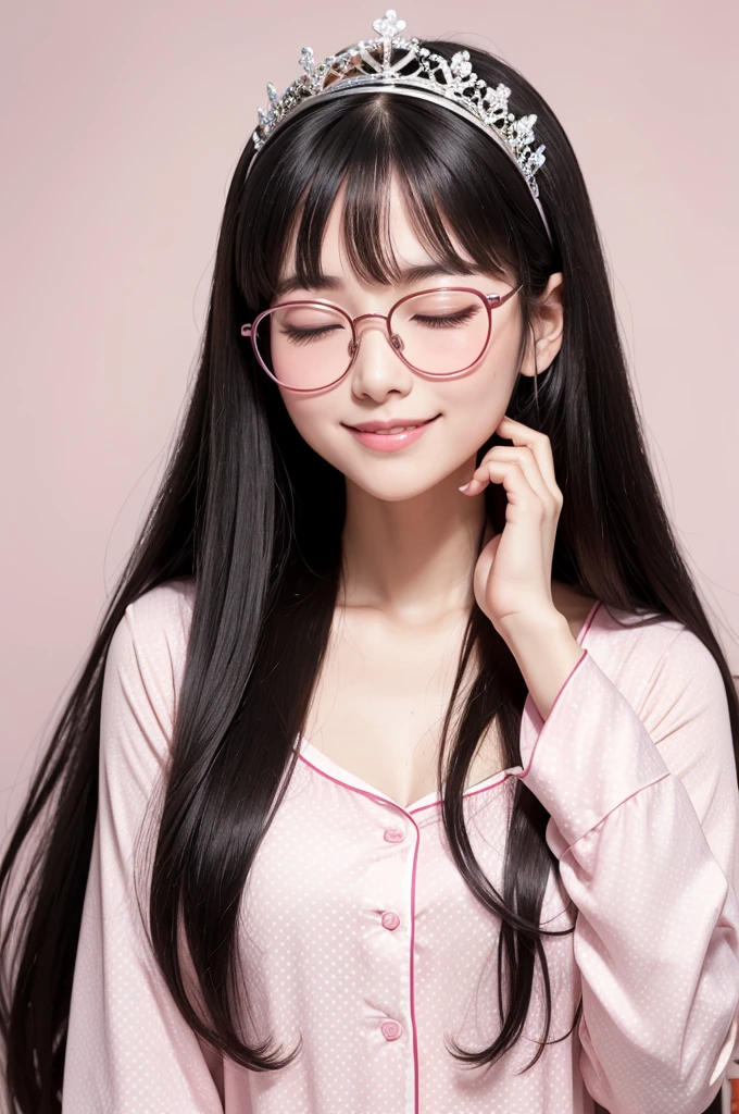 A brunette with long, straight black hair,She has a white tiara on her head with a pink flower in the middle.,she has a smiling face with closed eyes and red cheek,She has white glasses and they are round,She is wearing pink pajamas with white polka dots