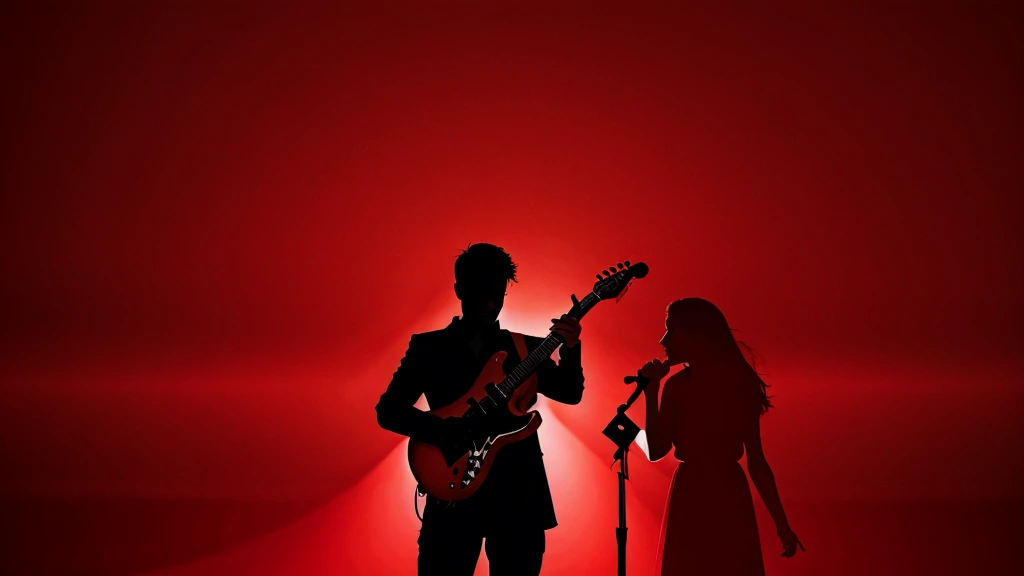 Illustration of a man with an electric guitar next to another man and a woman. graphic design. silhouette, shadows, BLACK WHITE AND RED COLOR
