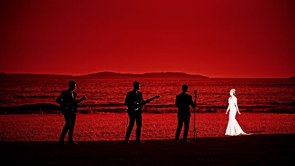 Illustration of a man with an electric guitar next to another man and a woman. graphic design. silhouette, shadows, BLACK WHITE AND RED COLOR
