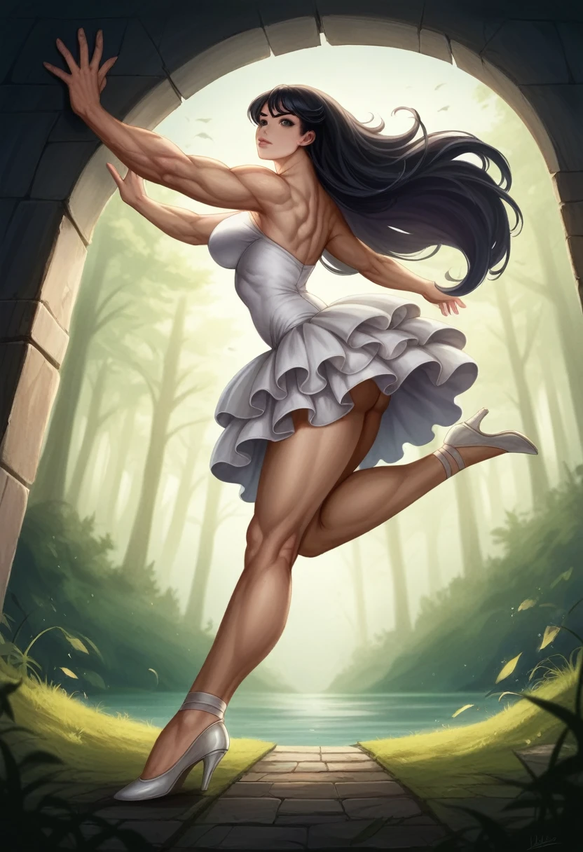 fantasy, high quality, 8K, realistic,photo realistic,RAW photo,photography,High resolution, ultra-definition, highest quality,Dramatic lighting, glitter effect, from below, midnight, moonlight, ballet、Swan Lake、Deep forest lake、full body、((huge werewolf muscular beast)) from disney beauty and the beast, ,BREAK,
A prima donna girl dancing gracefully in the moonlight on a mysterious lake、Arabesque pose、Lonely、1 girl、((luxurious and delicate white tutu)),Semi-long hair,black hair,black eyes、Beautiful legs、Ballet Pointe Shoes, Peeking from below、Cross the camera、