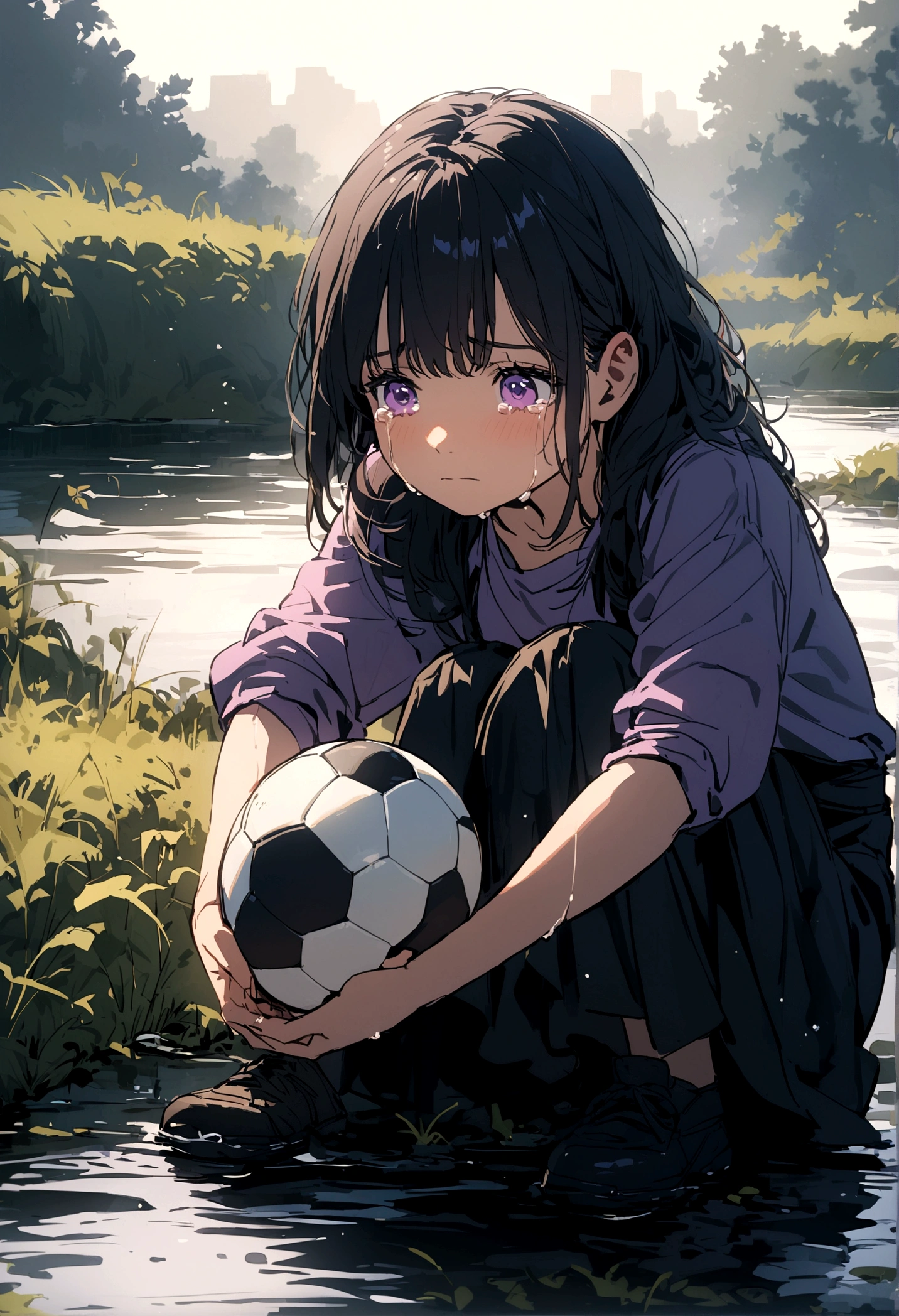 A black-haired girl with purple eyes sat on a riverbank with a punctured soccer ball in her hands while crying