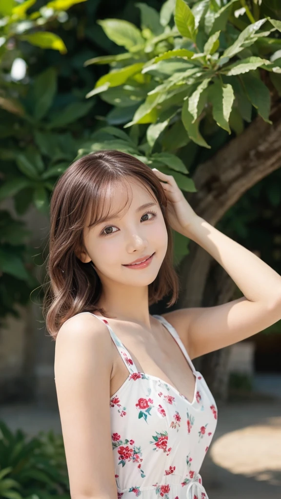 masterpiece, highest quality, disorganized, perfect anatomy, 1 girl, alone, pascal tales, short hair, beautiful, Hilarious, sunny day, botanical garden, Summer winds, sundress, Floral, wavy hair, smile