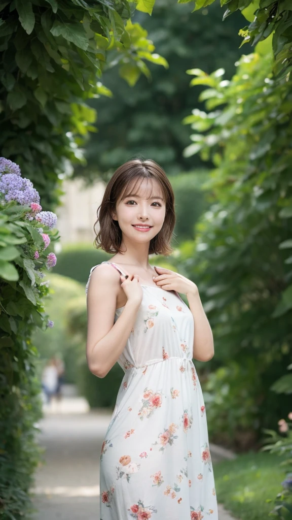 masterpiece, highest quality, disorganized, perfect anatomy, 1 girl, alone, pascal tales, short hair, beautiful, Hilarious, sunny day, botanical garden, Summer winds, sundress, Floral, wavy hair, smile