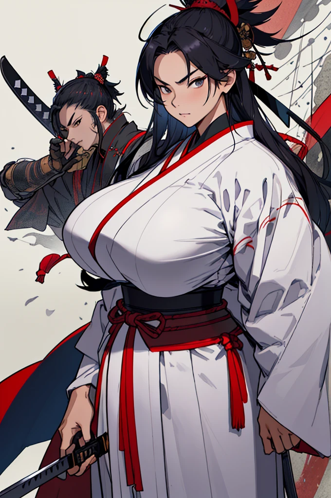 Samurai woman with gigantic roudn breast that arr size of her head, she has extremely wide hips, she wears a long dark hakama that covers her body, holding katana, she has a serious look on her face, ready for battle