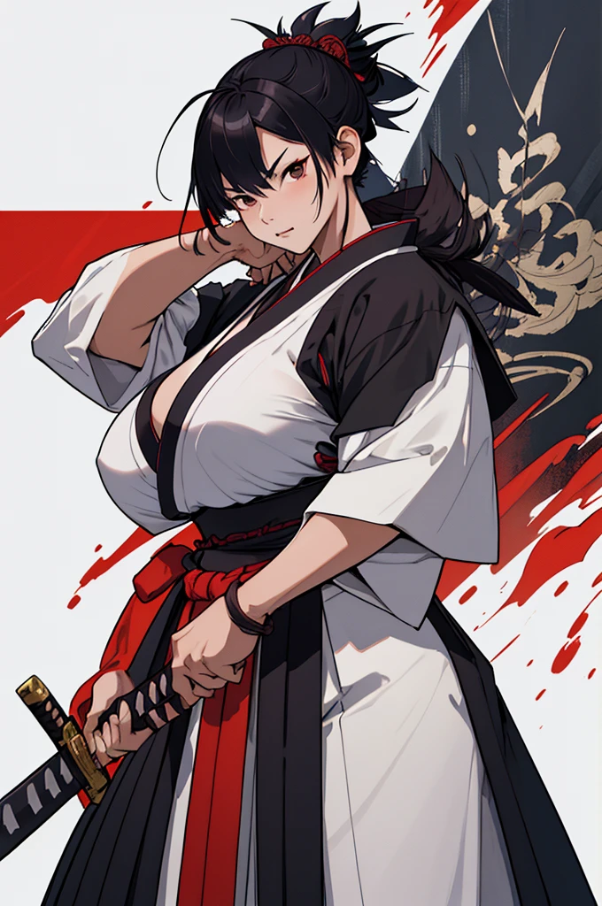 Samurai woman with gigantic roudn breast that arr size of her head, she has extremely wide hips, she wears a long dark hakama that covers her body, holding katana, she has a serious look on her face, ready for battle