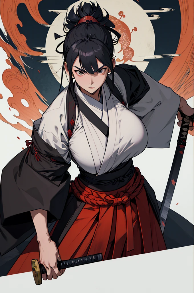 Samurai woman with gigantic roudn breast that arr size of her head, she has extremely wide hips, she wears a long dark hakama that covers her body, holding katana, she has a serious look on her face, ready for battle