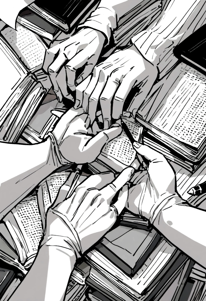 a background of books and sheets and hands with pens in their hands