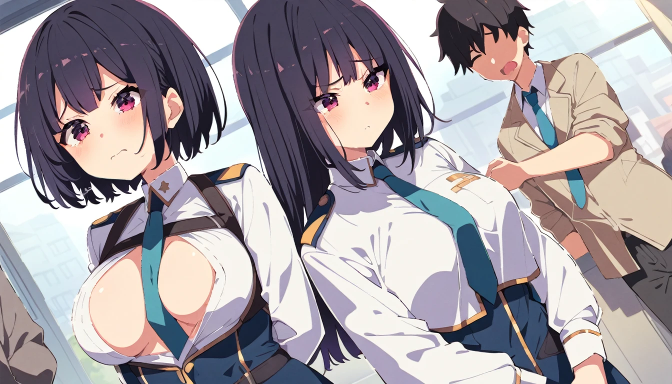Three male students、The uniform of a girl with short black bob hair and modest pubic hair is ripped to shreds and her breasts and crotch are touched as she cries in disgust.、Standing posture