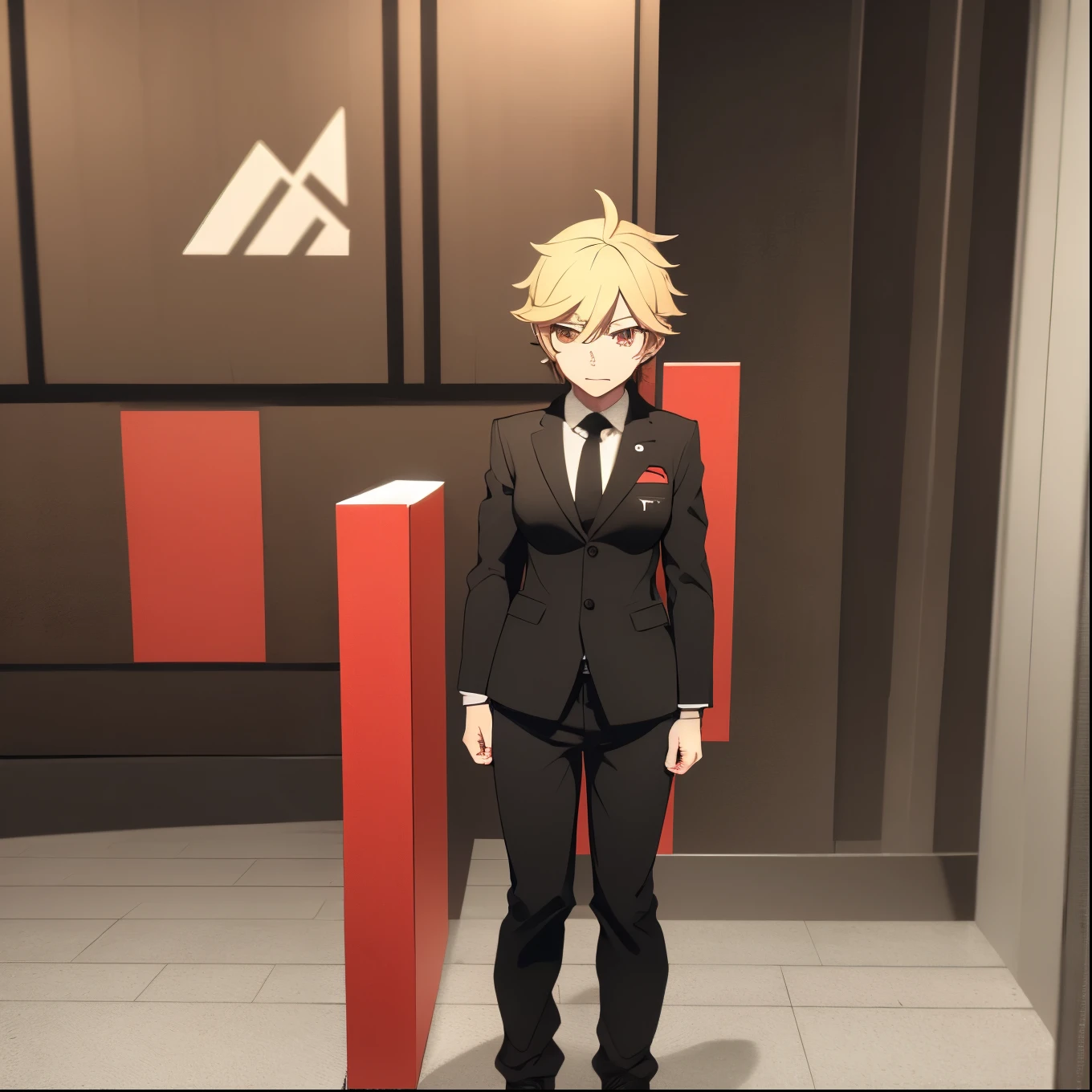 Tord from Eddsworld anime version, Her hair is really short and is brown-blonde with gray eyes She's TOMBOY. black and red sports suit
