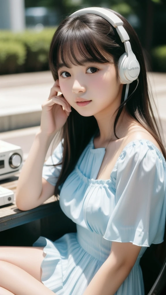 1 girl、Surrounded by in a study from the 1980s、Summer sky、White short sleeve ruffled blouse、A sad-looking 12-year-old girl listening to music from a cassette tape on a 1980 Sony Walkman、Composition、snow、Shallow depth of field、Direct Light、800mm lens、Highest quality