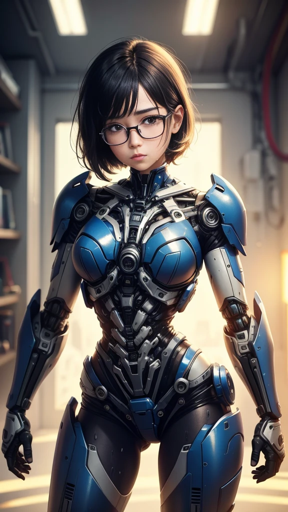 Highest quality　8k Full body robot mecha suit girl　Glasses　cute　Elementary school girl　Sweaty face　Hot and tired look　short hair　boyish　Steam coming out of my head　My hair is wet with sweat　Black Hair　My upper body is soaked　 　I can see the vagina　　Face soaked　Spread your legs　　bright