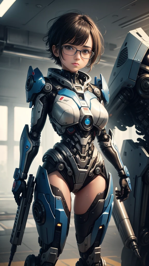 Highest quality　8k Full body robot mecha suit girl　Glasses　cute　Elementary school girl　Sweaty face　Hot and tired look　short hair　boyish　Steam coming out of my head　My hair is wet with sweat　Black Hair　My upper body is soaked　 　I can see the vagina　　Face soaked　Spread your legs　　bright