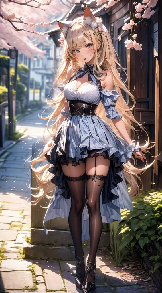 Girl with cat ears wear skirts,It's a perfect face,scantily clad,Willow waist,(Cherry blossom tree),(actual, realistically), (depth of fields),Long black hair,Thigh thick,view the viewer , insanely details, Complicated details, Skeleton costume,(Lop), Lower chest Skeleton costume,Shiny holographic Skeleton costume:1.1 , Large breasts droop,Blonde hair,Redlip ,Sheer skirt,(((8K,winning artwork,dynamicposes))),