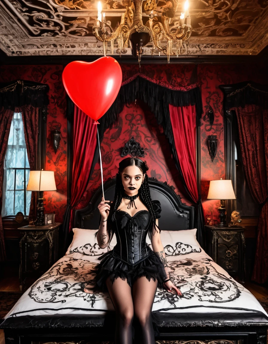 A young woman with long black hair styled in two braids and wears minimal makeup with dark eyeliner, black lipstick, sexy goth, Wednesday Addams (Jenna Ortega). The setting is a old Victorian bedroom with McCabe ornate decorations with a (Duotone {red and black]) silk bedspread. Painting on the wall of famous monsters taking a family photo. She is wearing black ornate fabric choker, black corset, black short feathered dress with black stockings. Holding a string to a (red balloon, Dripping Paint style) shaped like a heart floating in the air. A peculiar, lifelike severed hand is placed on the bed next to her, adding an element of mystery. The lighting is eerie, coming from an unseen source, creating a since of mystery and intriguing atmosphere.