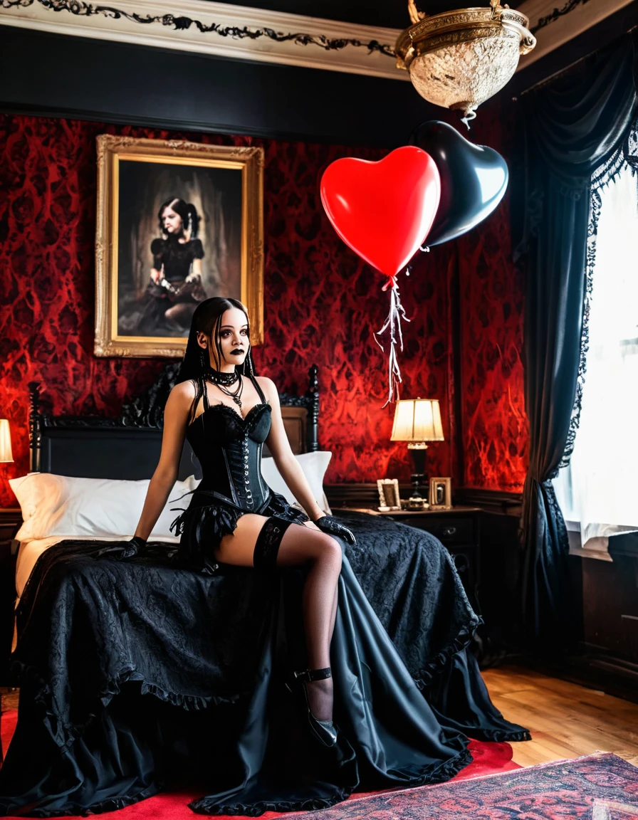A young woman with long black hair styled in two braids and wears minimal makeup with dark eyeliner, black lipstick, sexy goth, Wednesday Addams (Jenna Ortega). The setting is a old Victorian bedroom with McCabe ornate decorations with a (Duotone {red and black]) silk bedspread. Painting on the wall of famous monsters taking a family photo. She is wearing black ornate fabric choker, black corset, black short feathered dress with black stockings. Holding a string to a (red balloon, Dripping Paint style) shaped like a heart floating in the air. A peculiar, lifelike severed hand is placed on the bed next to her, adding an element of mystery. The lighting is eerie, coming from an unseen source, creating a since of mystery and intriguing atmosphere.