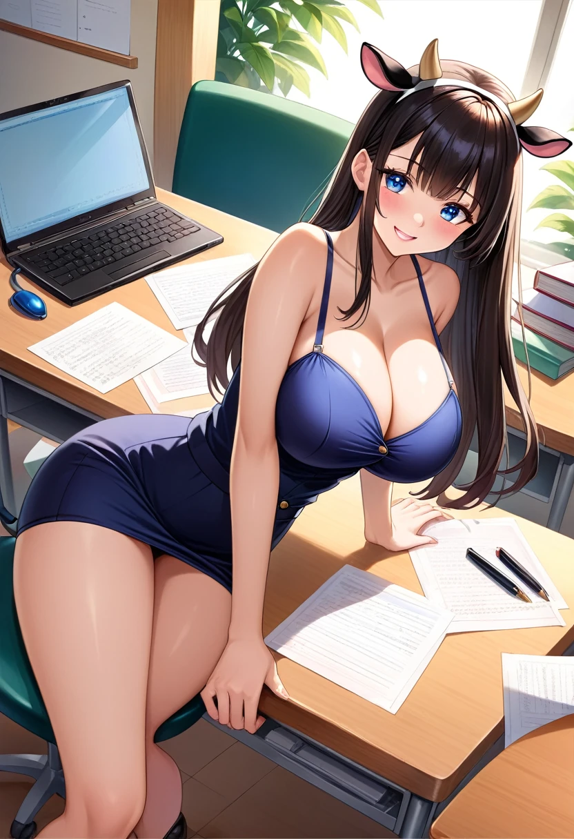detailed illustration (side view),dynamic angle, ultra-detailed, illustration, clean line art, shading, anime, detailed eyes, detailed face, beautiful face, dramatic lighting, detailed illustration, dynamic angle, ultra-detailed, illustration,
Ultra HD, super high quality, masterpiece, detailed, 8K, The place is a business corner office, A office secretary in the room room,1Person sitting, hand singing documents, working at a desk, 30 year old female secretary, has long black hair, Has blue eyes, She has cow horns and a glamorous figure, The clothes she’s wearing are a camisole and a miniskirt, Knee-high, Pretty sexy, business clothes, anime girl, cow horns on head, cow ears, no human ears, anime woman, sitting in chair at desk, desk between her and viewer, handling viewer document. Sitting in chair behind desk, leaning forward onto desk, sunny farm outside window, smiling women, sexy business suit, large breasts, breasts resting on desk, no human ears, no headbands, cleavage on display, cow ears are her real ears, replace human ears with cow ears, big breasts, breasts laying on desk, breasts smooshed onto desk, bovine ears, hair covers human ears, long hair