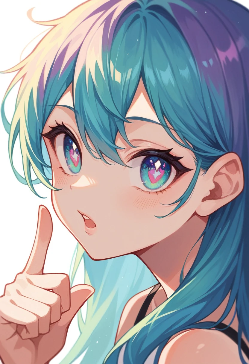 1girl, hastune miku, cute, colorful, lovely, close face, face at viewer, open eyes, highres, cyan hair color, colorful galaxy eyes, side view, eyes at camera, cute, young, long hair, seductive, face pointing up
