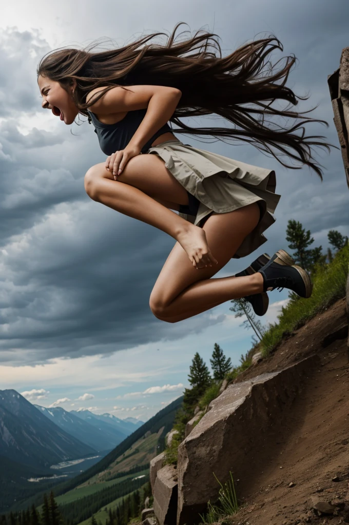 crying girl, wolf jumping from behind her to defend her