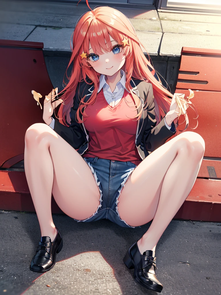 (8K, Highest quality, Highest quality, masterpiece), sit on the floor, aaitsuki, long hair, ahoge, star hair ornament, (fullbody), smile, school uniform, blazer, black jacket, open jacket, red sweater, long sleeves, (denim hot shorts), (mini shorts), open shorts, big breasts, ((spread legs 1:2))