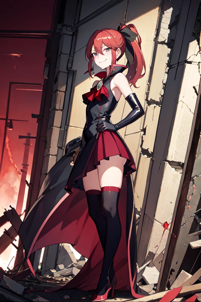Highest quality, masterpiece, One Girl,Not beautiful, Red Ponytail, Long dress, brooch, Hair Ribbon, - Elbow hand pockets, Black knee socks, Standing on the rubble,Red light street, (Wicked Smile:1.1), ,,Dark shadowed face,Sadistic smile,Malice,Contempt,smile,latex,Bad face,,Red Skirt,Sea of Flames