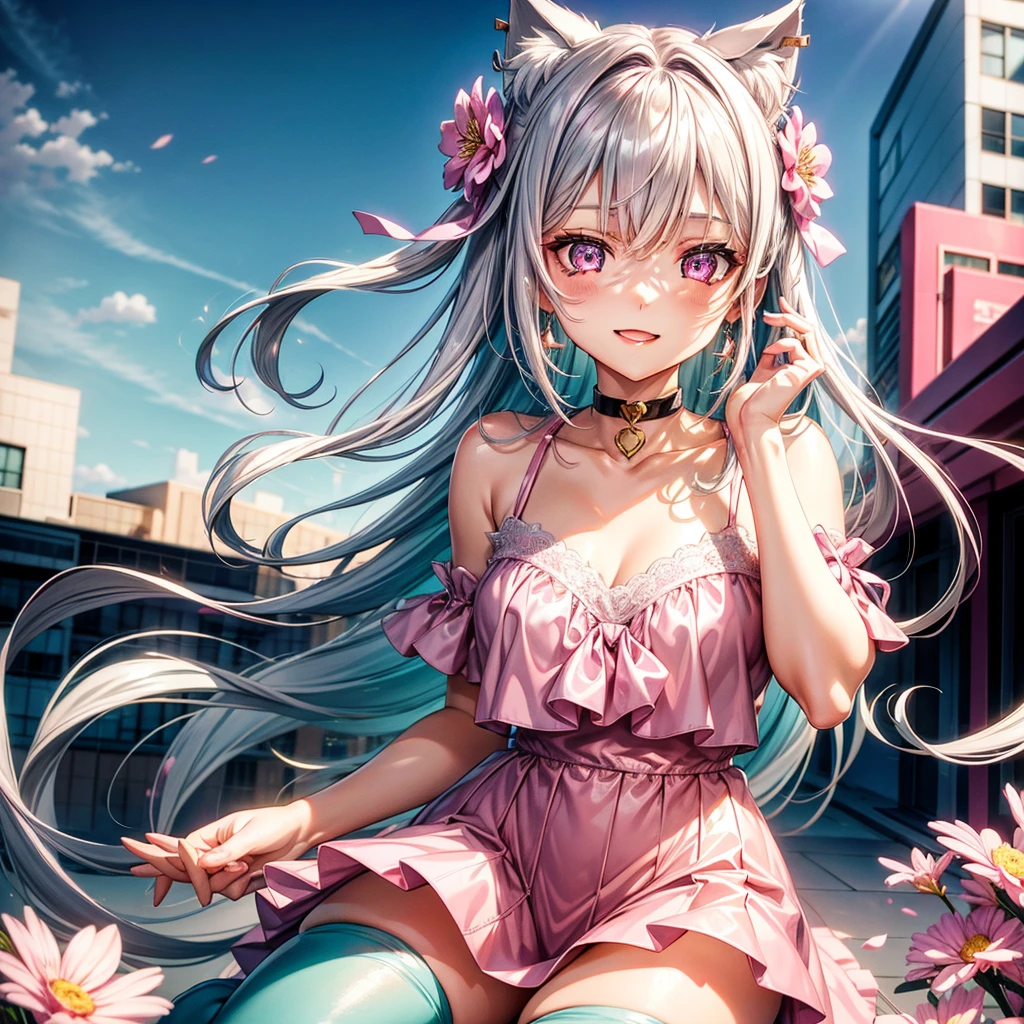 Silver hair, pink eyes, body, cat ears, adult girl, earrings, flower sky background, teal pink gold uniform, hair bows, happy face, thigh up, looking at viewer, v neck blouse