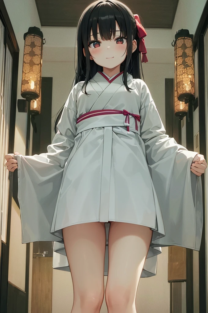 1girl. Japanese petit. Smile. (masterpiece). (best quality). (insanely detailed). Nude. nsfw. Slit Pussy. Close up Mons pubis. Flat chest. Upright standing posture. from below.