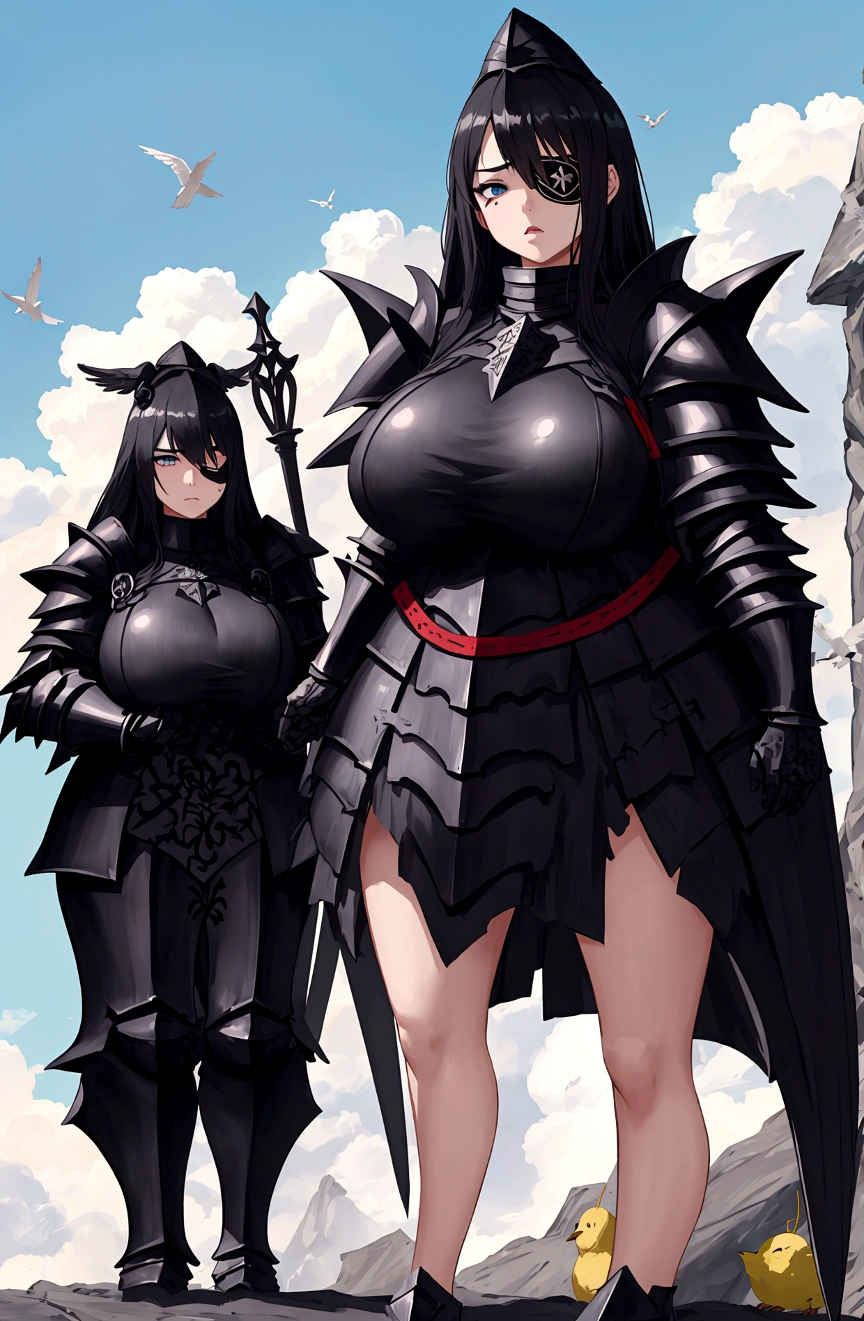 Huge teen tits bimbo, stern face expression,  standing on steep heel, sunny day, ((wearing heavy black full armor with ornament)), eyepatch, broken spears in the ground around, birds in sky far away