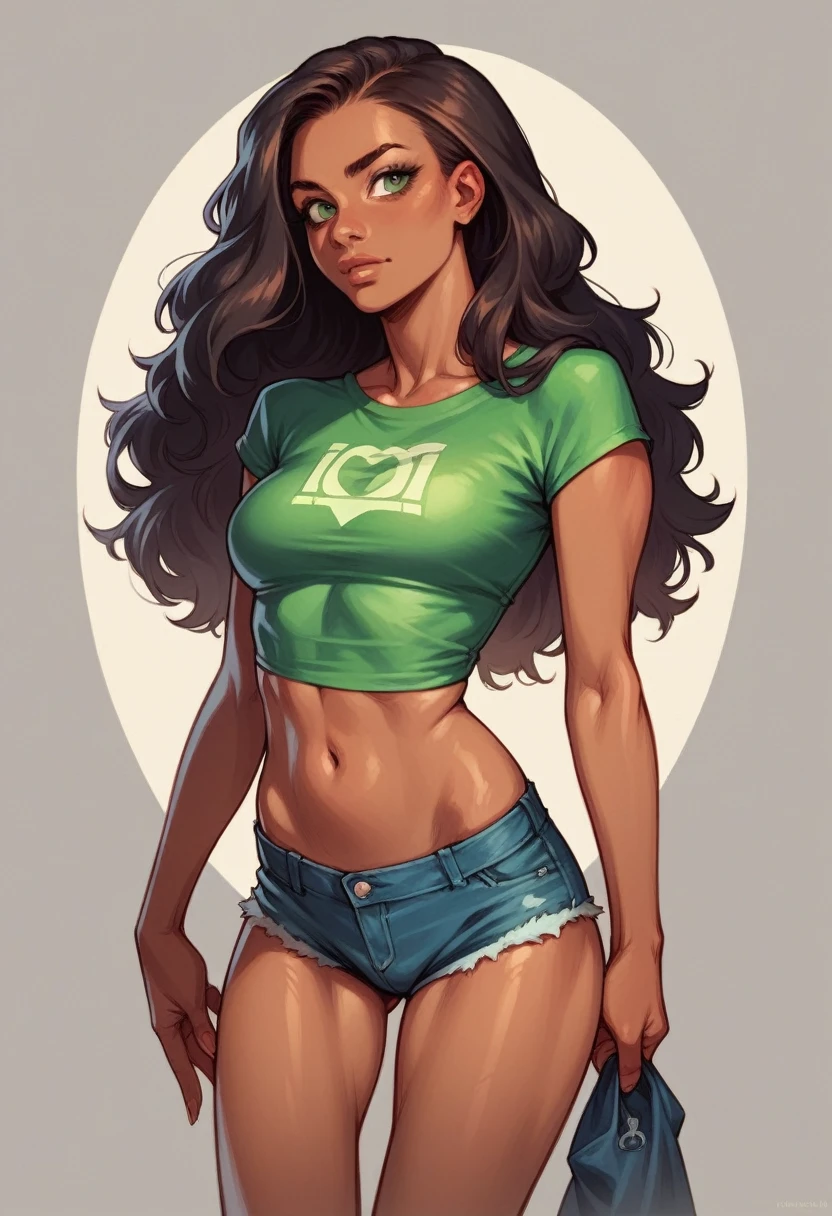 real girl, tanned, tight and short croc top, short pant, long hair, green eyes, realistic babe