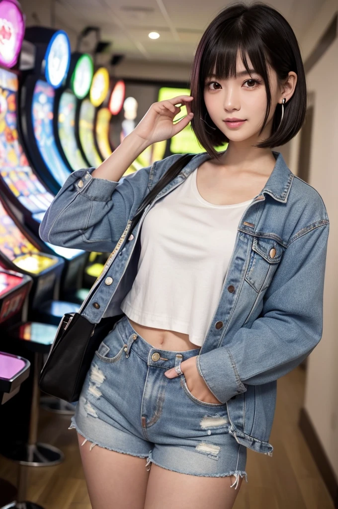 パンツを脱いでおまんこアップ、Game center, professional gamer, ((full body)), ((photo)), ((best qualtiy, 8K, tmasterpiece: 1.3)), Focus: 1.2, perfect figure beautiful girl: 1.4, 1girl, cowboy shot, look at viewer, eyes facing the camera, incredibly absurd, beautiful and cute girl with a photorealistic face, showcasing top-quality craftsmanship, A Japanese girl playing games at an arcade, 17 years old, with a bob cut, silky black hair, bangs cut at an angle to reveal her right eye, large eyes, a soft smile, tanned skin, thin and well-formed eyebrows, straight nose with a rounded tip, thin lips but a healthy, natural pink colour, small ears with pierced ears, a slender neck with a sharp jawline, a small face with well-formed facial features, fair, fine, translucent skin, long eyelashes that make the eye makeup stand out, eyes that are powerful but also kind, Well-aligned, white teeth, healthy, shiny skin and hair, friendly expression, , slender, well-balanced proportions, good posture, beautiful C-cup breasts, white character T-shirt, blue denim jacket, yellow shorts, white sneakers, silver earrings, tote bag with game character illustration printed on it, beautiful girl, moe, devilish type, sociable and easy to talk to, values teamwork, curious and adventurous, has a sense of humor, July
