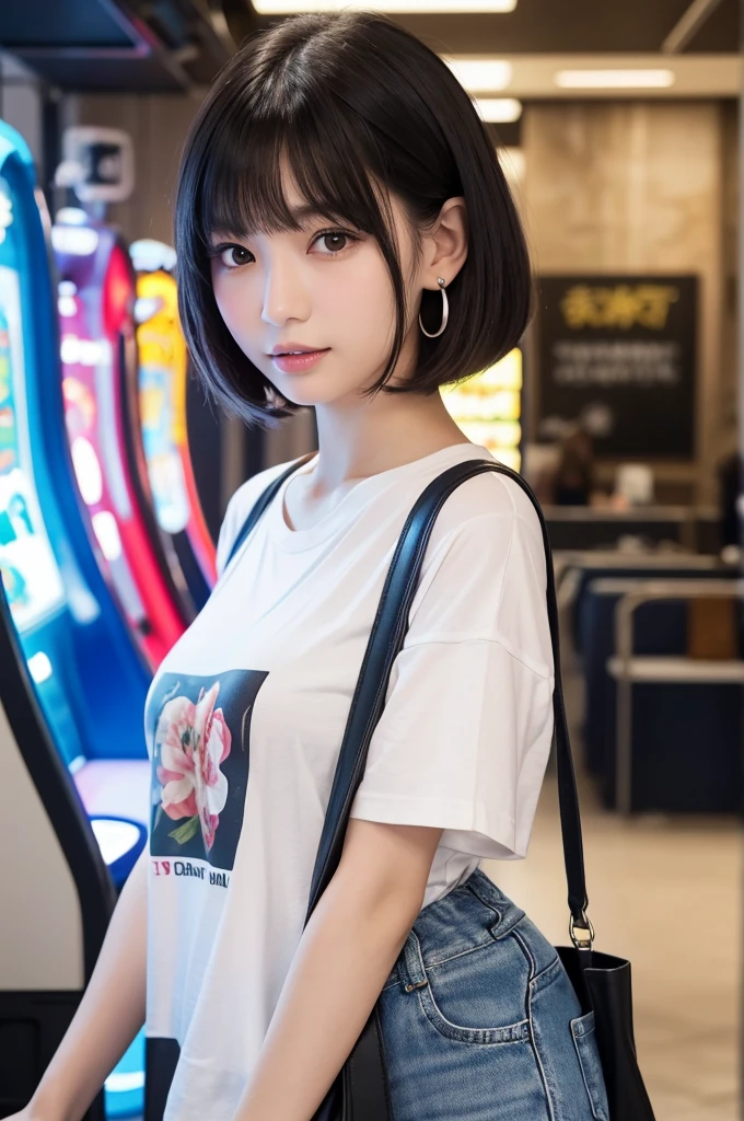 パンツを脱いでおまんこアップ、Game center, professional gamer, ((full body)), ((photo)), ((best qualtiy, 8K, tmasterpiece: 1.3)), Focus: 1.2, perfect figure beautiful girl: 1.4, 1girl, cowboy shot, look at viewer, eyes facing the camera, incredibly absurd, beautiful and cute girl with a photorealistic face, showcasing top-quality craftsmanship, A Japanese girl playing games at an arcade, , with a bob cut, silky black hair, bangs cut at an angle to reveal her right eye, large eyes, a soft smile, tanned skin, thin and well-formed eyebrows, straight nose with a rounded tip, thin lips but a healthy, natural pink colour, small ears with pierced ears, a slender neck with a sharp jawline, a small face with well-formed facial features, fair, fine, translucent skin, long eyelashes that make the eye makeup stand out, eyes that are powerful but also kind, Well-aligned, white teeth, healthy, shiny skin and hair, friendly expression, , slender, well-balanced proportions, good posture, beautiful C-cup breasts, white character T-shirt, blue denim jacket, yellow shorts, white sneakers, silver earrings, tote bag with game character illustration printed on it, beautiful girl, moe, devilish type, sociable and easy to talk to, values teamwork, curious and adventurous, has a sense of humor, July