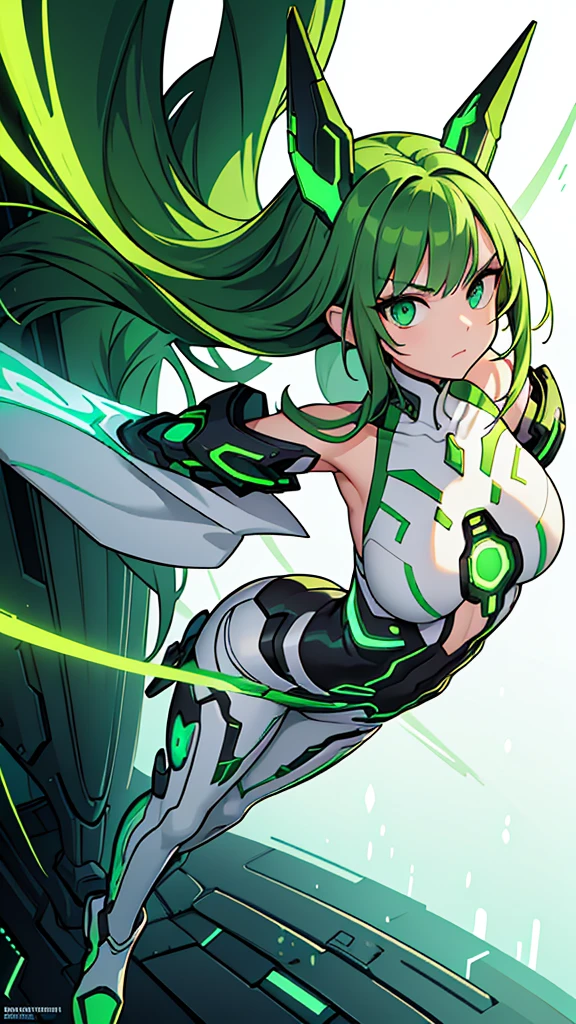 masterpiece, highest quality, (solo focus), (perfect face:1.1), (full body), (high detail:1.1), (hyper detailed eyes), dramatic, a woman with paleskin and long dark green hair, bright green eyes, solo, arrogant expression, neon cybernetic outfit, white background, art by artgerm, cinematic lighting, fashion, BalenciagaStyle