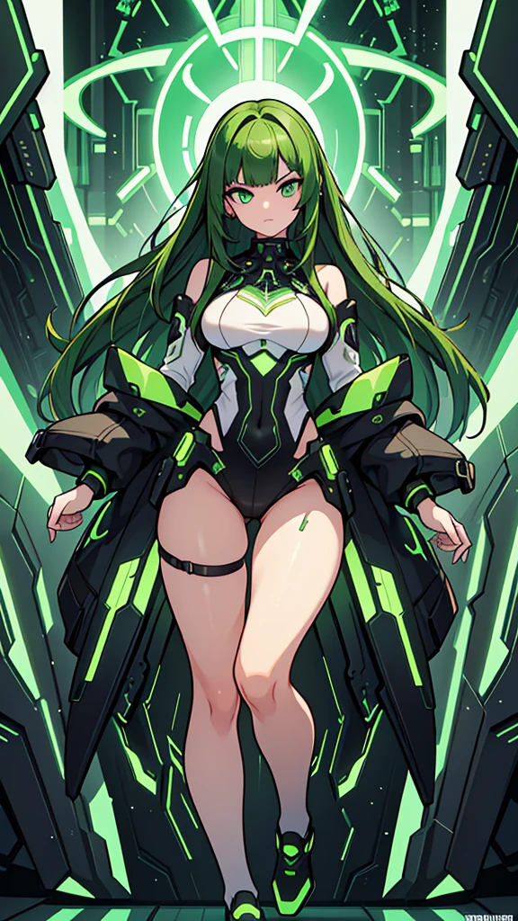 masterpiece, highest quality, (solo focus), (perfect face:1.1), (full body), (high detail:1.1), (hyper detailed eyes), dramatic, a woman with paleskin and long dark green hair, bright green eyes, solo, arrogant expression, neon cybernetic outfit, white background, art by artgerm, cinematic lighting, fashion, BalenciagaStyle