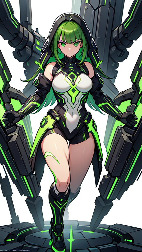 masterpiece, highest quality, (solo focus), (perfect face:1.1), (full body), (high detail:1.1), (hyper detailed eyes), dramatic, a woman with paleskin and long dark green hair, bright green eyes, solo, arrogant expression, neon cybernetic outfit, white background, art by artgerm, cinematic lighting, fashion, BalenciagaStyle