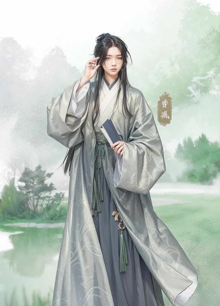 Asian 16 year old male character with 1,90 tall straight black big hair with green traditional Chinese clothing
